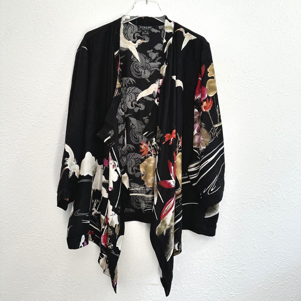 Citron Santa Monica Kimono Womens 3X Black Silk Floral Jacquard Lagenlook